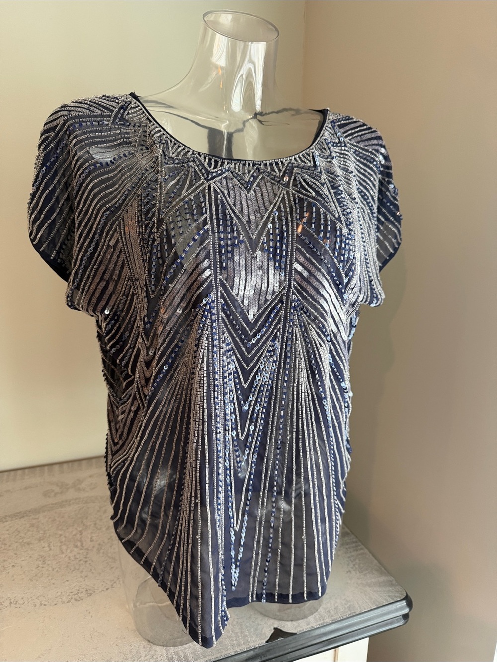 Parker Navy Blouse with Silver Sequin Geometric Detail